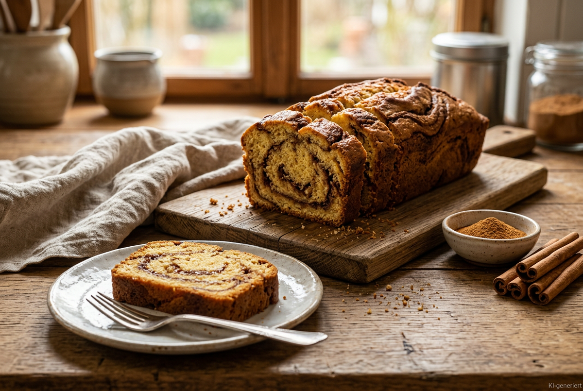 Angeschnittener Zimtkuchen ohne Menschen oder Hände
