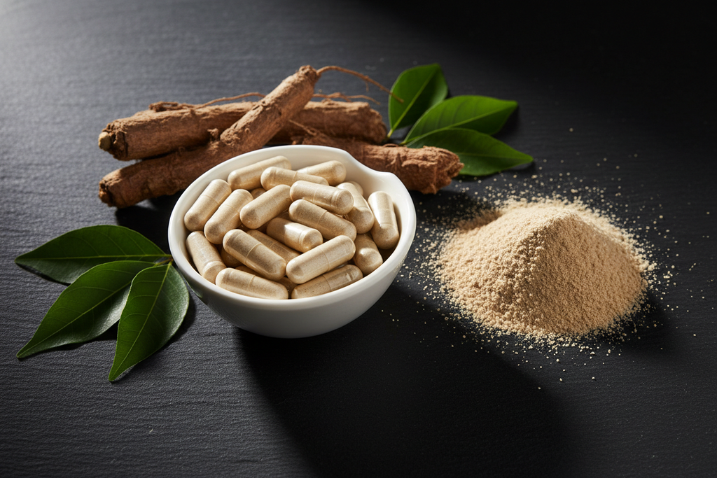 Ashwagandha Kapseln mit Pulver – hell