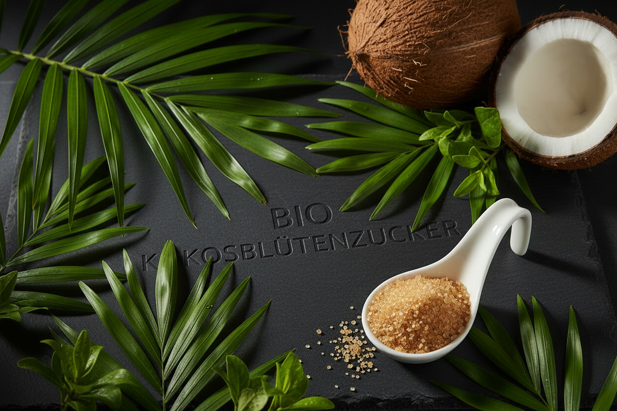 Bio Kokosblütenzucker mit grünen Blättern
