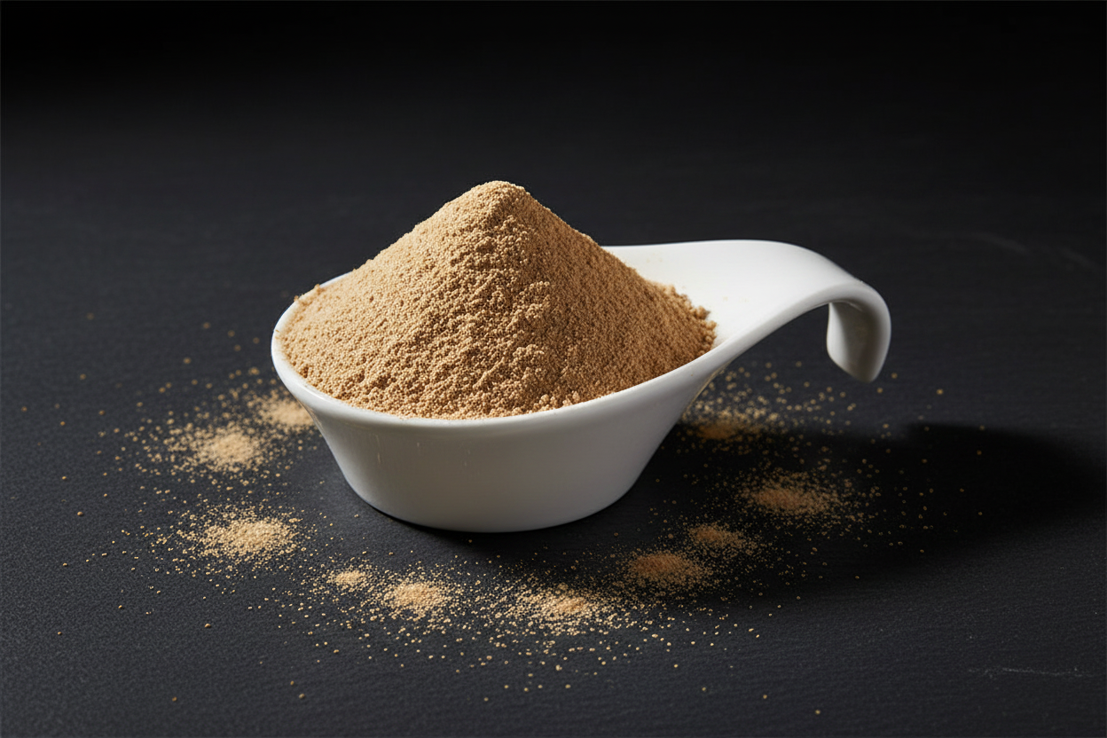 Bio Triphala Pulver in weißer Tropfenschale