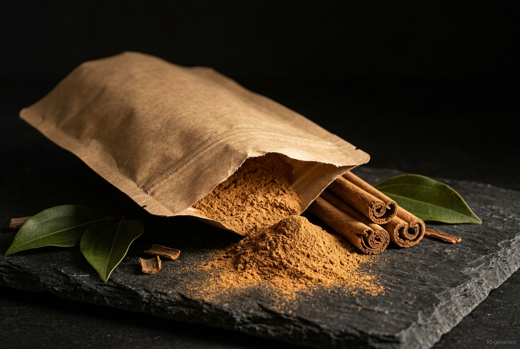 Ceylon-Zimtpulver mit Kraft-Doypack auf dunklem Schiefer