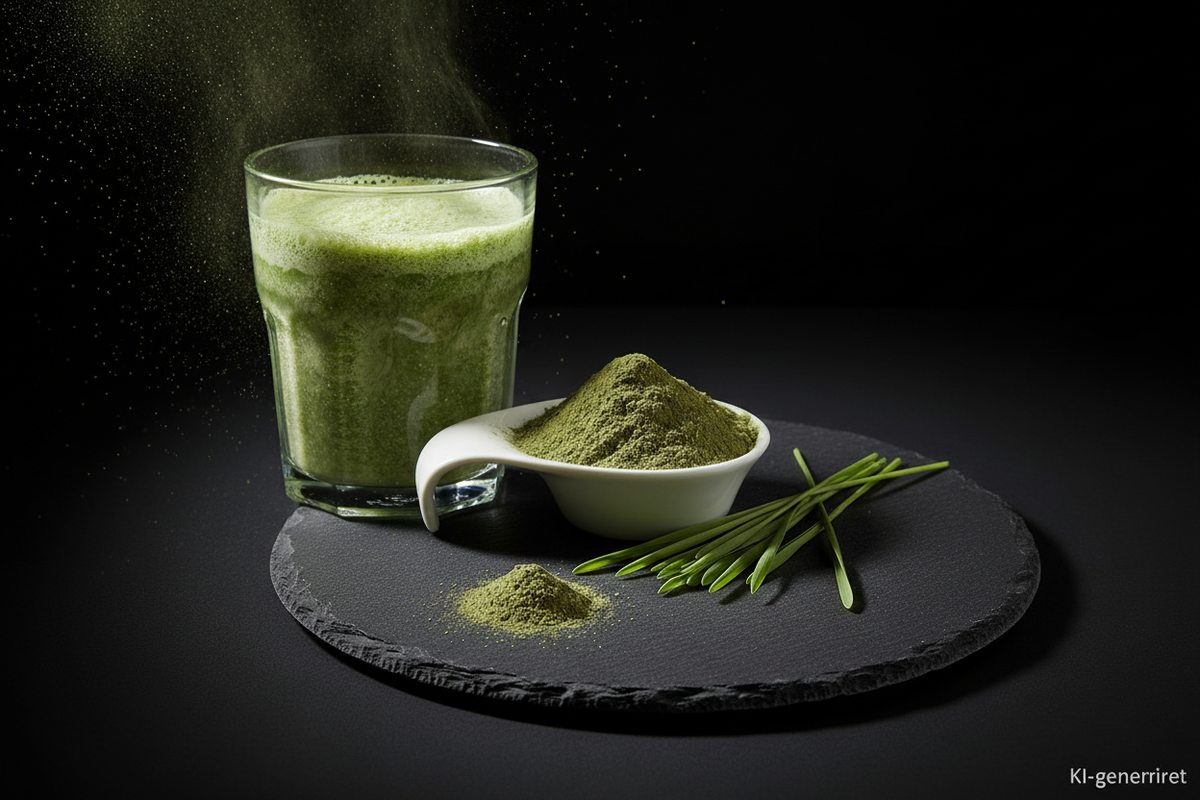 Glas mit grünem Weizengras-Drink, Keramiklöffel mit Pulver und frische Halme auf Schieferplatte