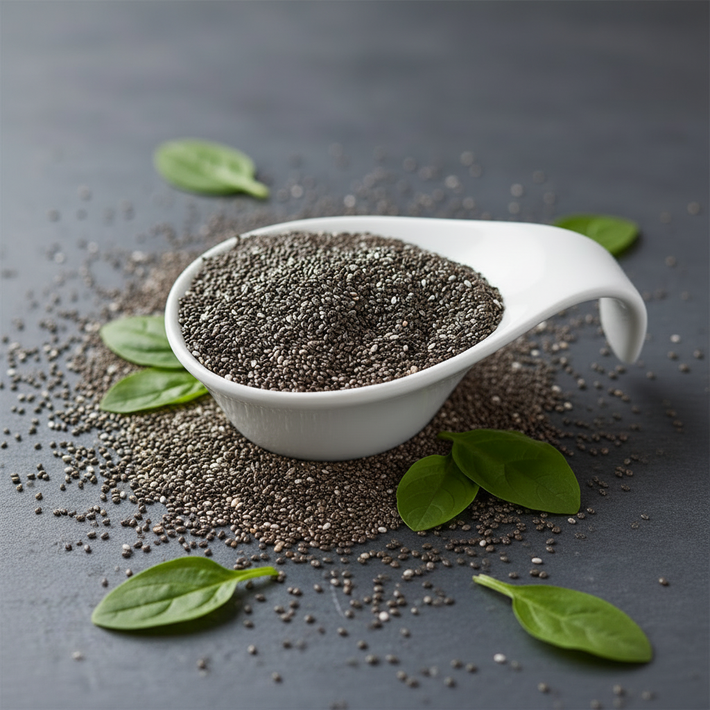 Bio Chia Samen in weißer Keramikschale mit Samen verstreut auf dunklem Schiefer