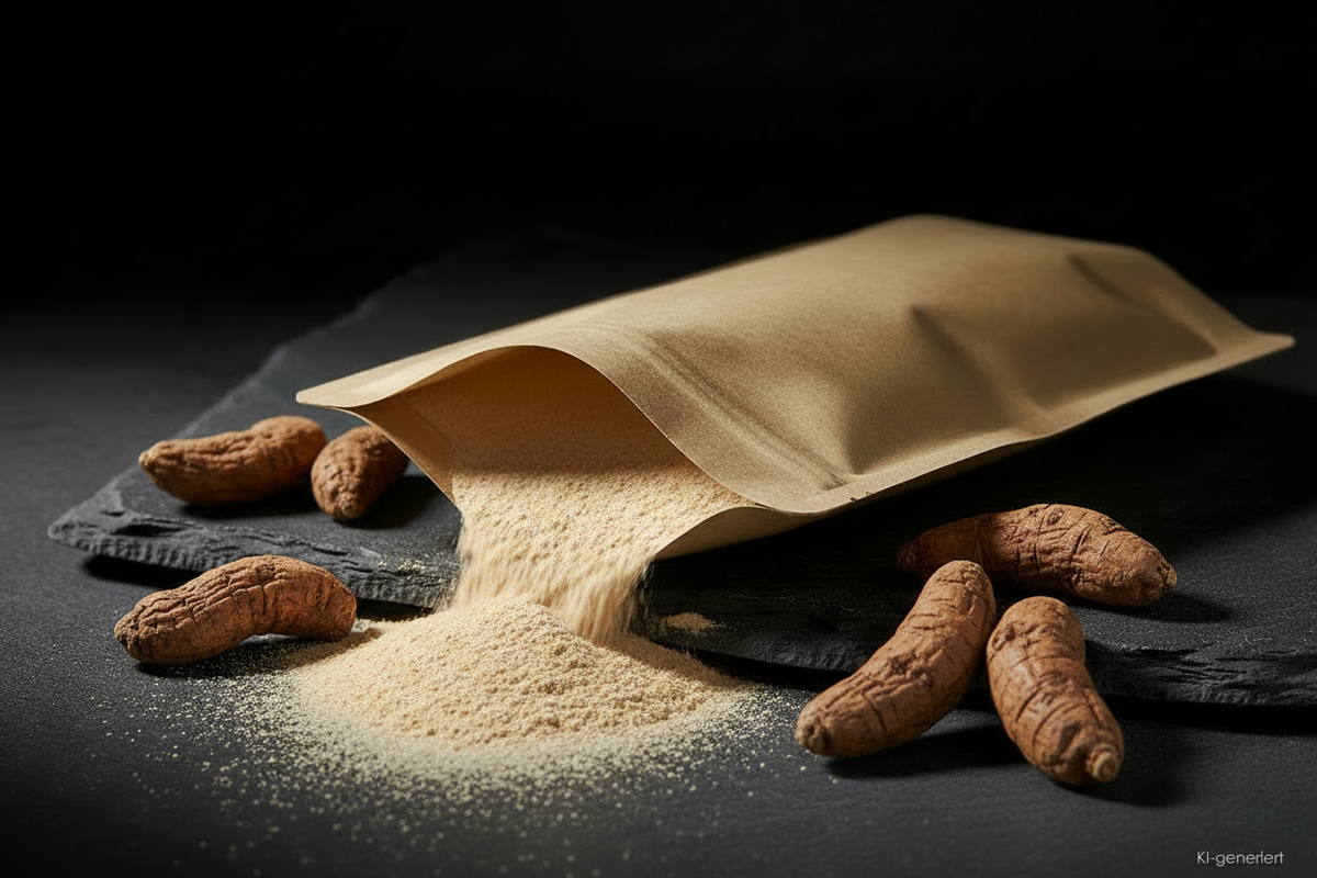 Maca Pulver aus Kraft-Doypack auf Schieferplatte, KI-generiert
