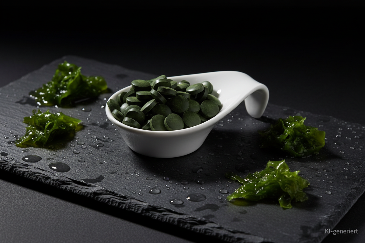 Chlorella Tabletten in weißer Keramikschale auf Schieferplatte, KI-generiert
