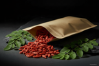 Goji Beeren aus Kraft-Doypack auf Schieferplatte, KI-generiert