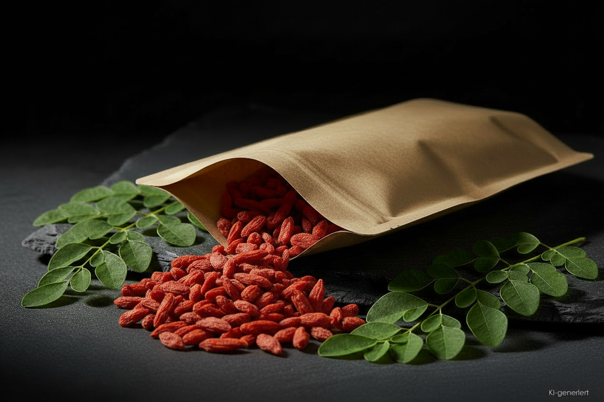 Goji Beeren aus Kraft-Doypack auf Schieferplatte, KI-generiert