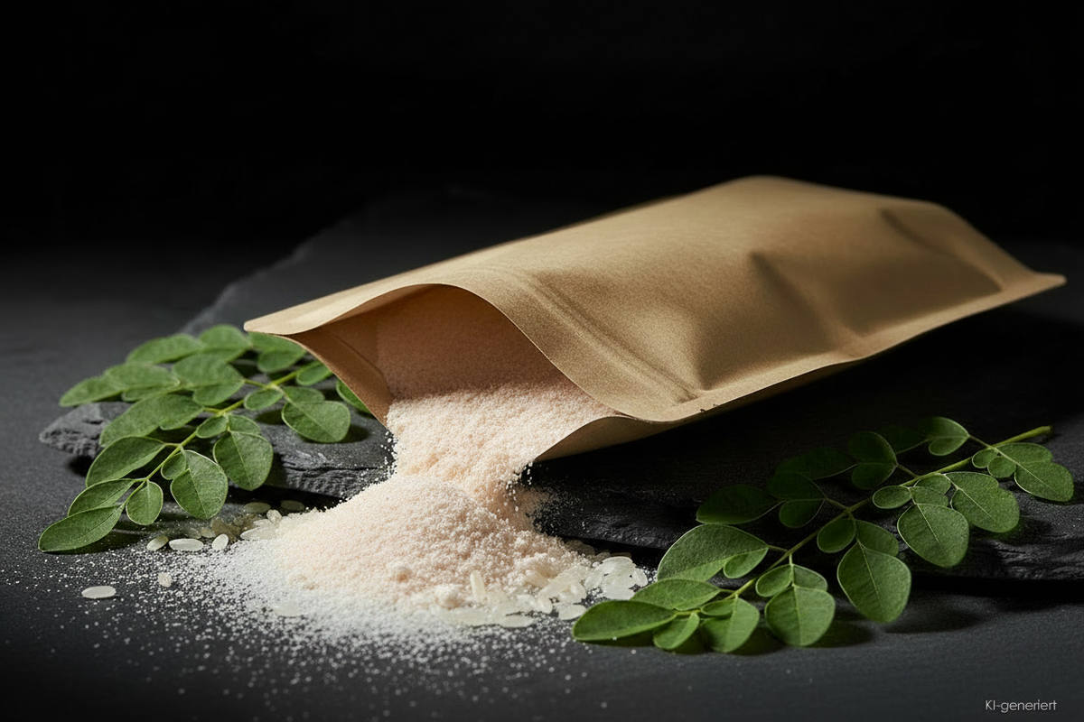 Reisprotein Pulver aus Kraft-Doypack auf Schieferplatte mit Reiskörnern, KI-generiert
