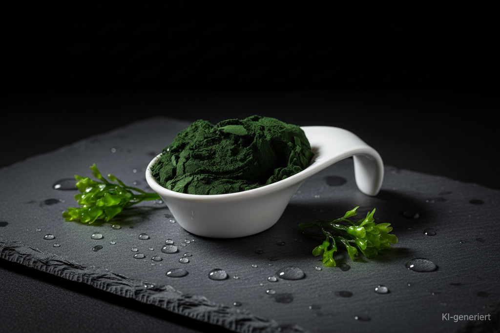 Chlorella Pulver in weißer Keramikschale auf Schieferplatte, KI-generiert