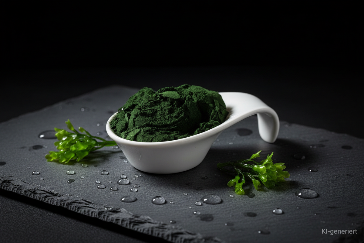 Chlorella Pulver in weißer Keramikschale auf Schieferplatte, KI-generiert