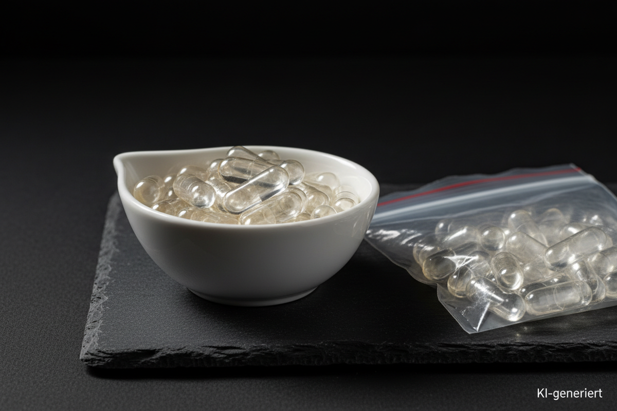 Transparente Gelatine-Leerkapseln in weißer Keramikschale mit transparentem Druckverschlussbeutel auf dunkler Schieferplatte