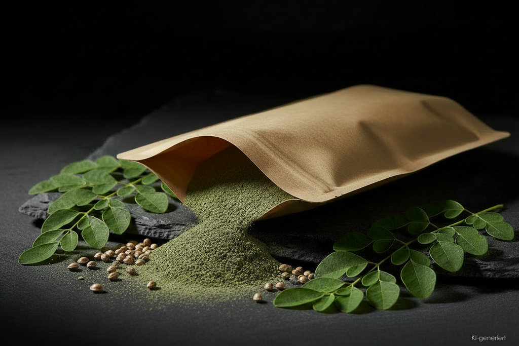 Hanfprotein Pulver aus Kraft-Doypack auf Schieferplatte mit Hanfblättern, KI-generiert