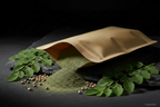 Hanfprotein Pulver aus Kraft-Doypack auf Schieferplatte mit Hanfblättern, KI-generiert