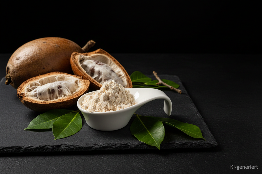 Baobab Pulver in weißer Keramikschale auf Schieferplatte mit Baobab-Frucht, KI-generiert