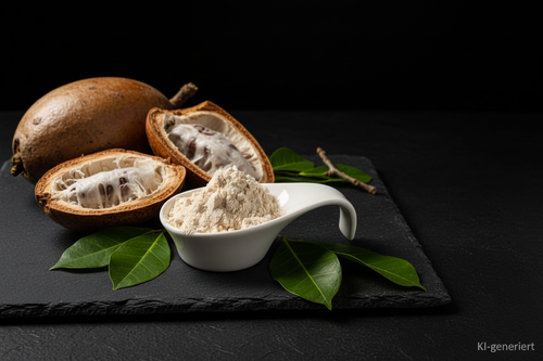 Baobab Pulver in weißer Keramikschale auf Schieferplatte mit Baobab-Frucht, KI-generiert