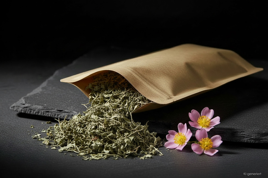 Cistus Kraut aus Kraft-Doypack auf Schieferplatte, KI-generiert
