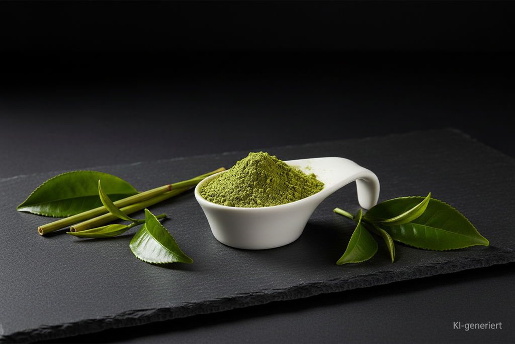 Matcha Pulver in weißer Keramikschale auf Schieferplatte, KI-generiert