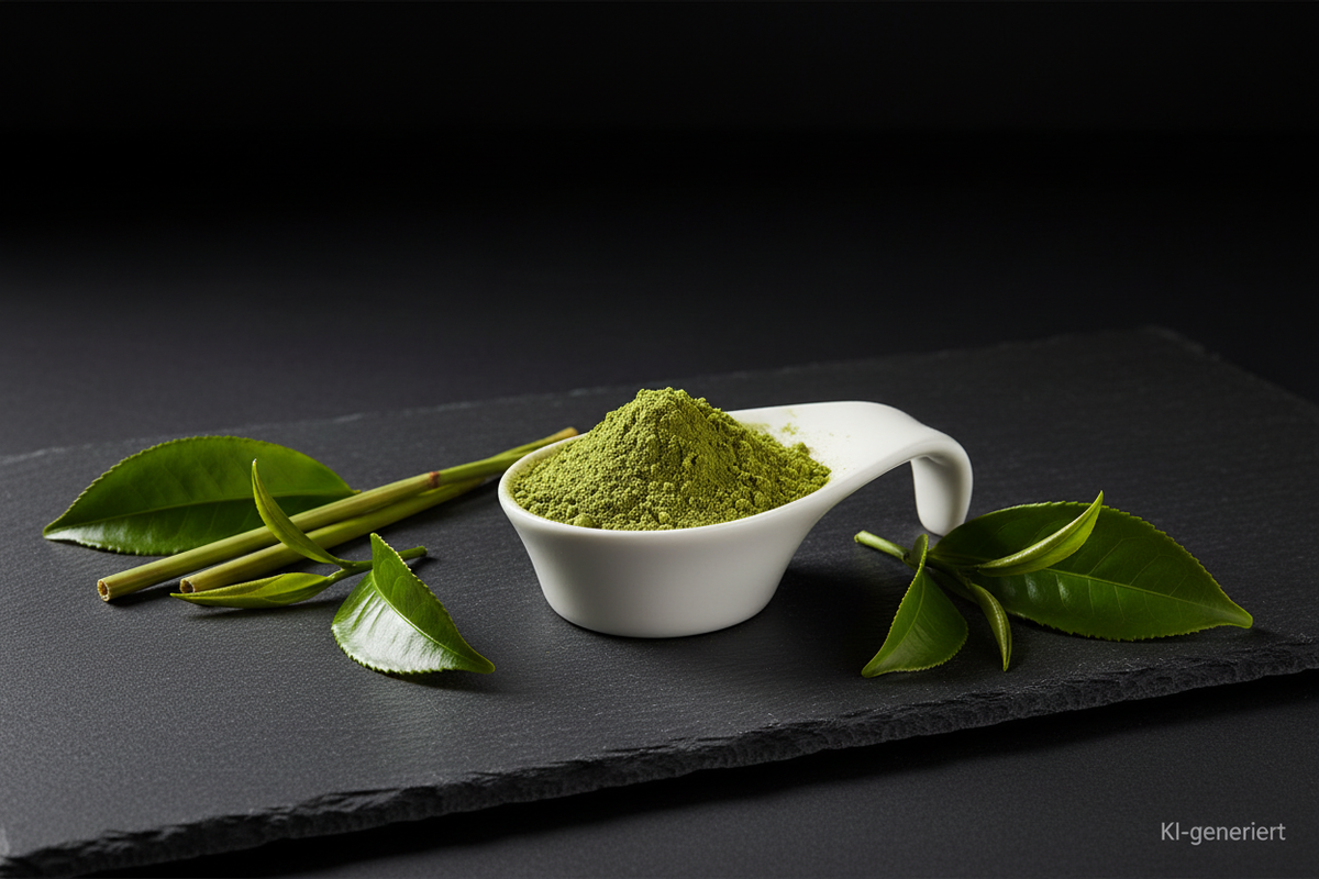 Matcha Pulver in weißer Keramikschale auf Schieferplatte, KI-generiert