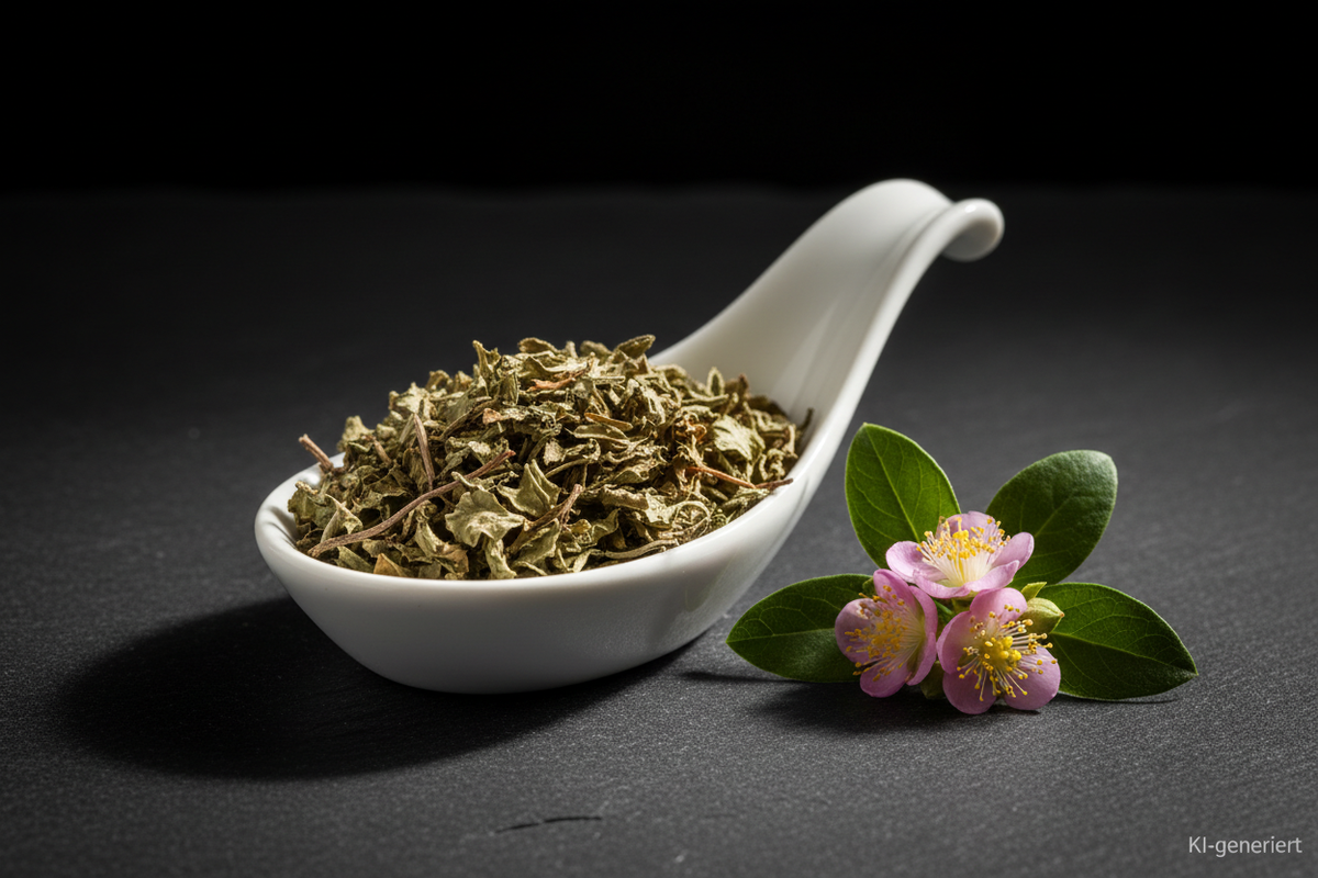 Cistus Kraut in weißer Keramikschale auf Schieferplatte, KI-generiert