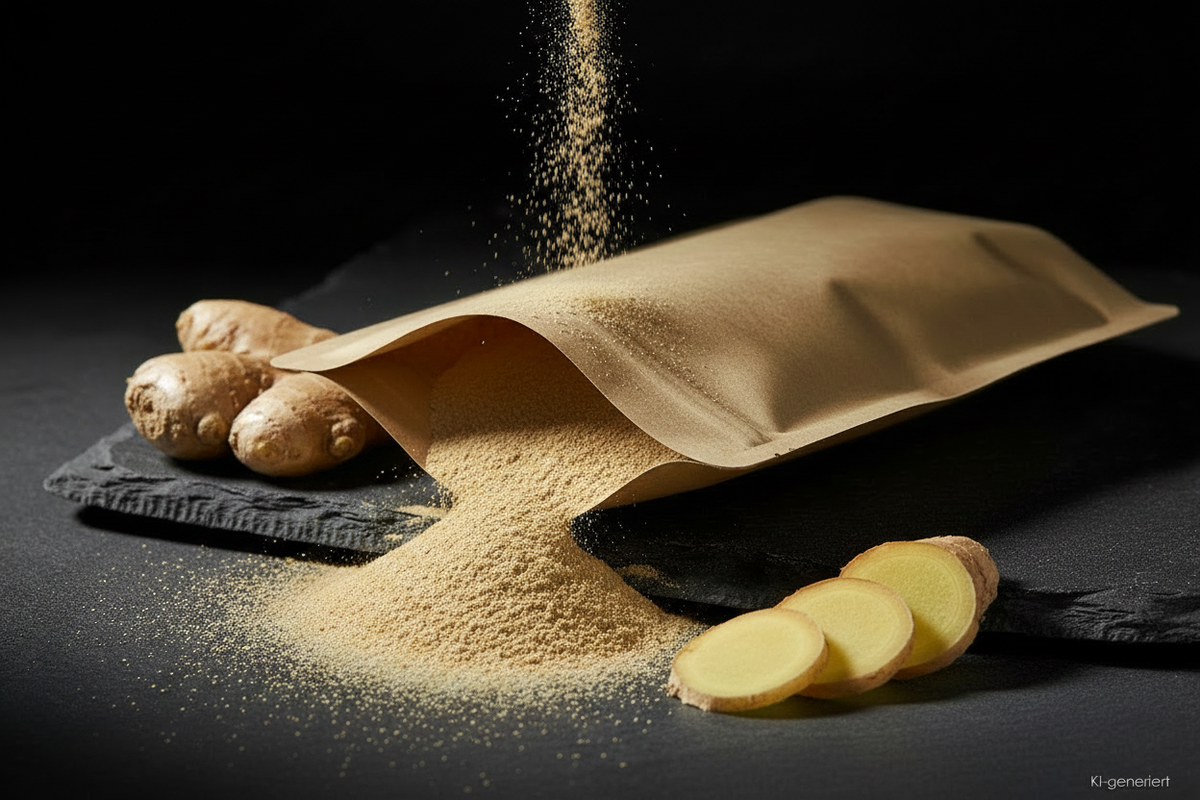 Ingwer Pulver aus Kraft-Doypack auf Schieferplatte mit frischer Ingwerwurzel, KI-generiert