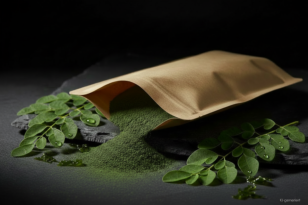 Chlorella Pulver aus Kraft-Doypack auf Schieferplatte, KI-generiert