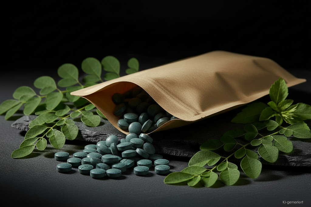 Spirulina Tabletten aus Kraft-Doypack auf Schieferplatte, KI-generiert