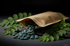 Spirulina Tabletten aus Kraft-Doypack auf Schieferplatte, KI-generiert