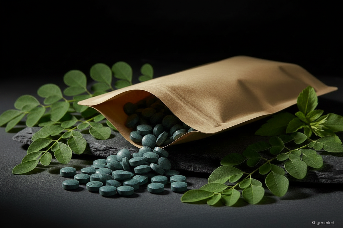 Spirulina Tabletten aus Kraft-Doypack auf Schieferplatte, KI-generiert