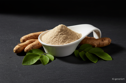 Ashwagandha Pulver in weißer Keramikschale auf Schieferplatte mit Ashwagandha-Wurzeln, KI-generiert