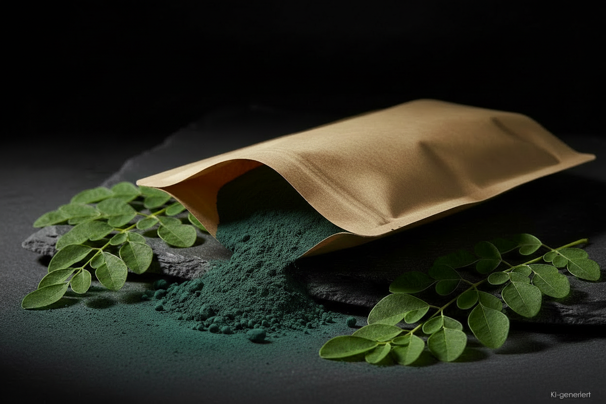 Spirulina Pulver aus Kraft-Doypack auf Schieferplatte, KI-generiert