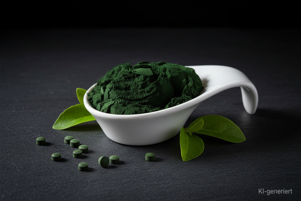 Spirulina Pulver in weißer Keramikschale auf Schieferplatte, KI-generiert