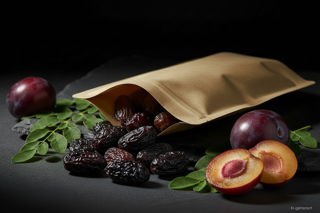 Getrocknete Pflaumen aus Kraft-Doypack auf Schieferplatte, KI-generiert