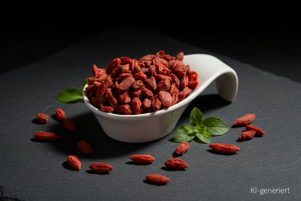 Goji Beeren in weißer Keramikschale auf Schieferplatte, KI-generiert