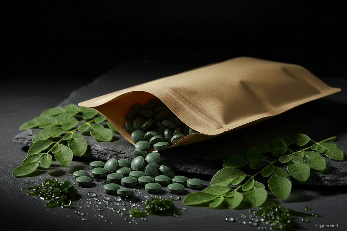 Chlorella Tabletten aus Kraft-Doypack auf Schieferplatte, KI-generiert
