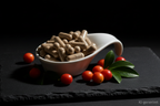 Camu Camu Kapseln in weißer Keramikschale auf Schieferplatte mit Camu Camu Früchten, KI-generiert