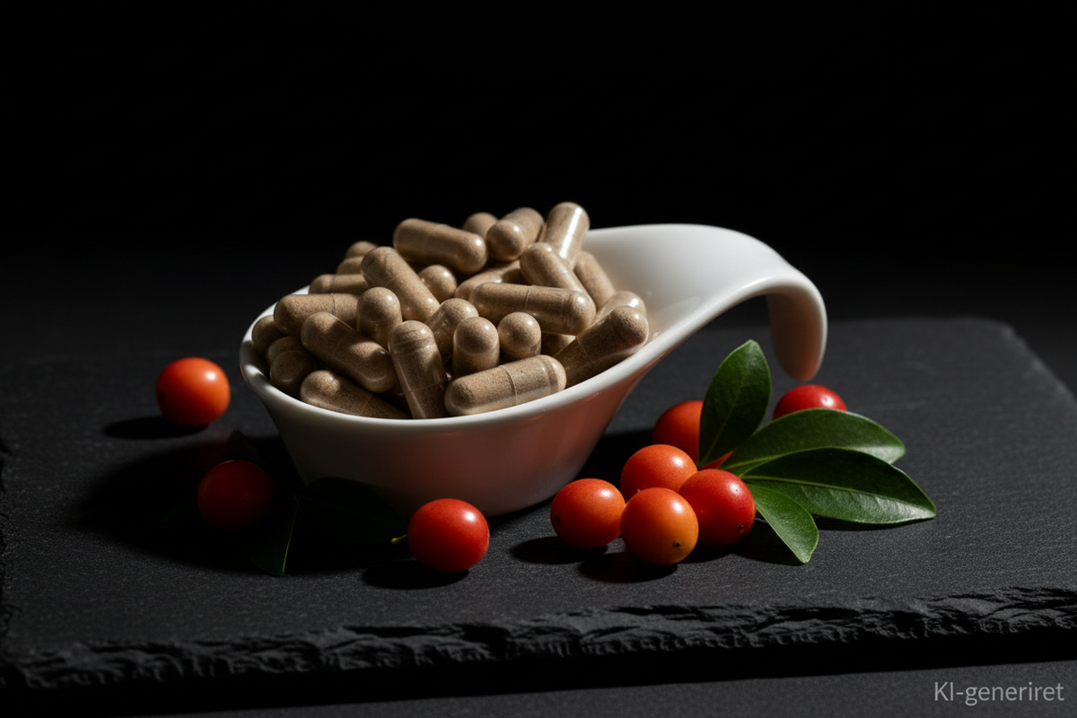 Camu Camu Kapseln in weißer Keramikschale auf Schieferplatte mit Camu Camu Früchten, KI-generiert