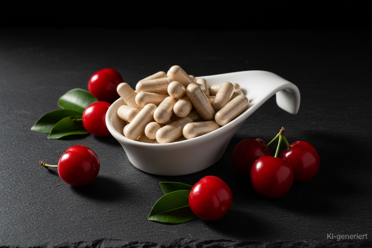 Acerola Kapseln Bio - beige Kapseln im weißen Keramiklöffel auf Schieferplatte mit roten Acerola-Kirschen, KI-generiert