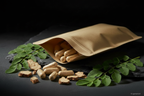 Maca Kapseln aus Kraft-Doypack auf Schieferplatte, KI-generiert