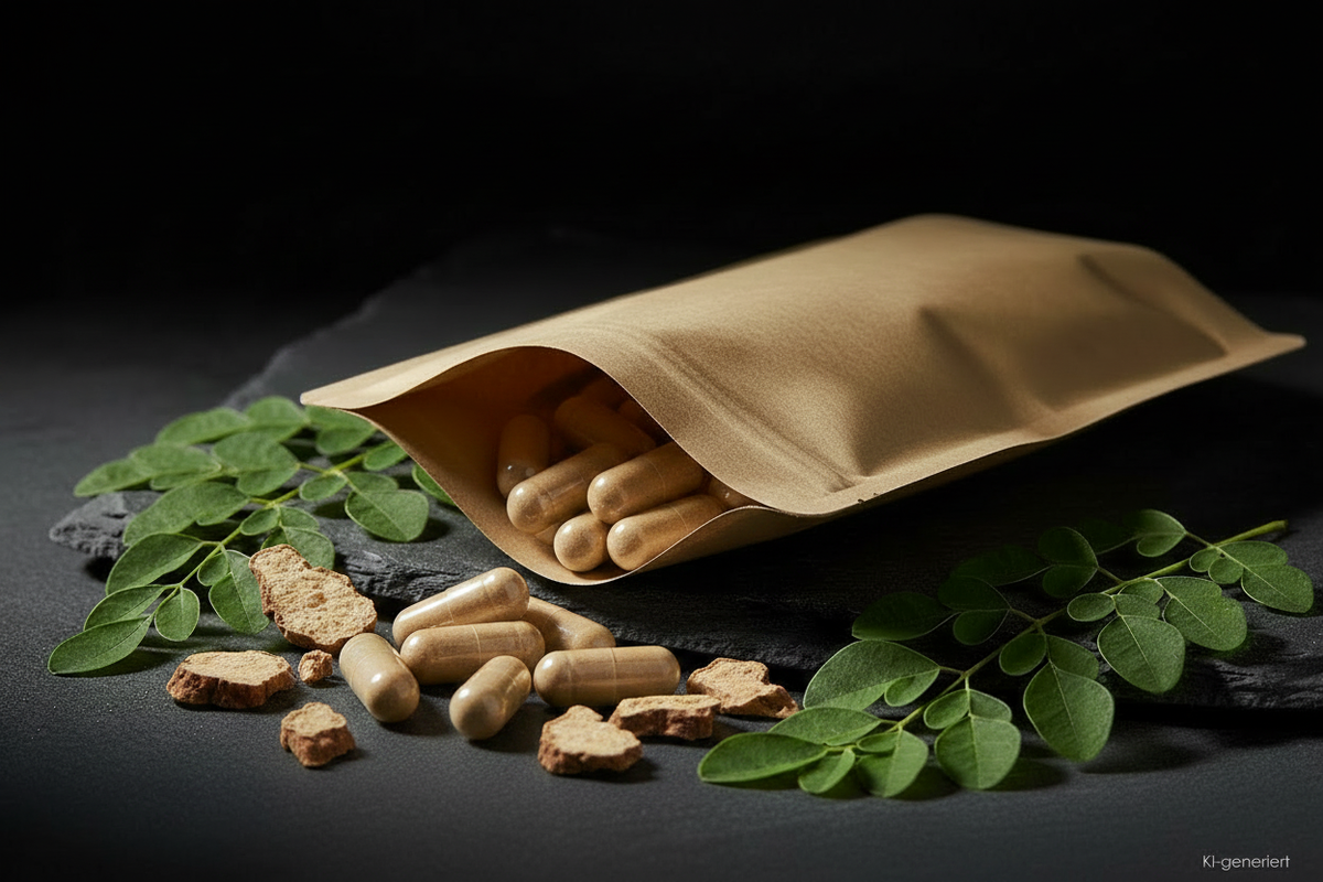 Maca Kapseln aus Kraft-Doypack auf Schieferplatte, KI-generiert