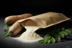 Baobab Pulver aus Kraft-Doypack auf Schieferplatte, KI-generiert