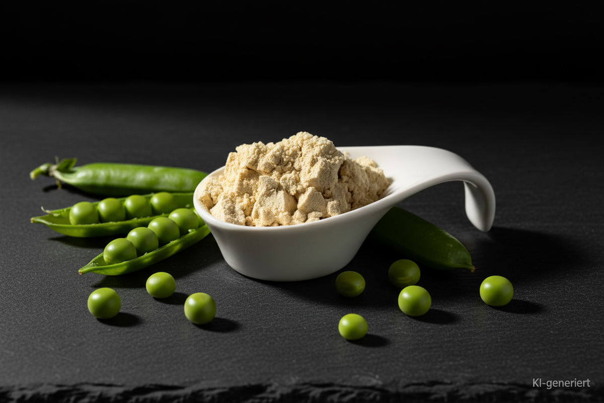 Erbsenprotein Pulver in weißer Keramikschale auf Schieferplatte mit grünen Erbsen, KI-generiert