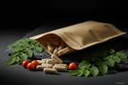 Camu Camu Kapseln aus Kraft-Doypack auf Schieferplatte mit Camu Camu Früchten, KI-generiert