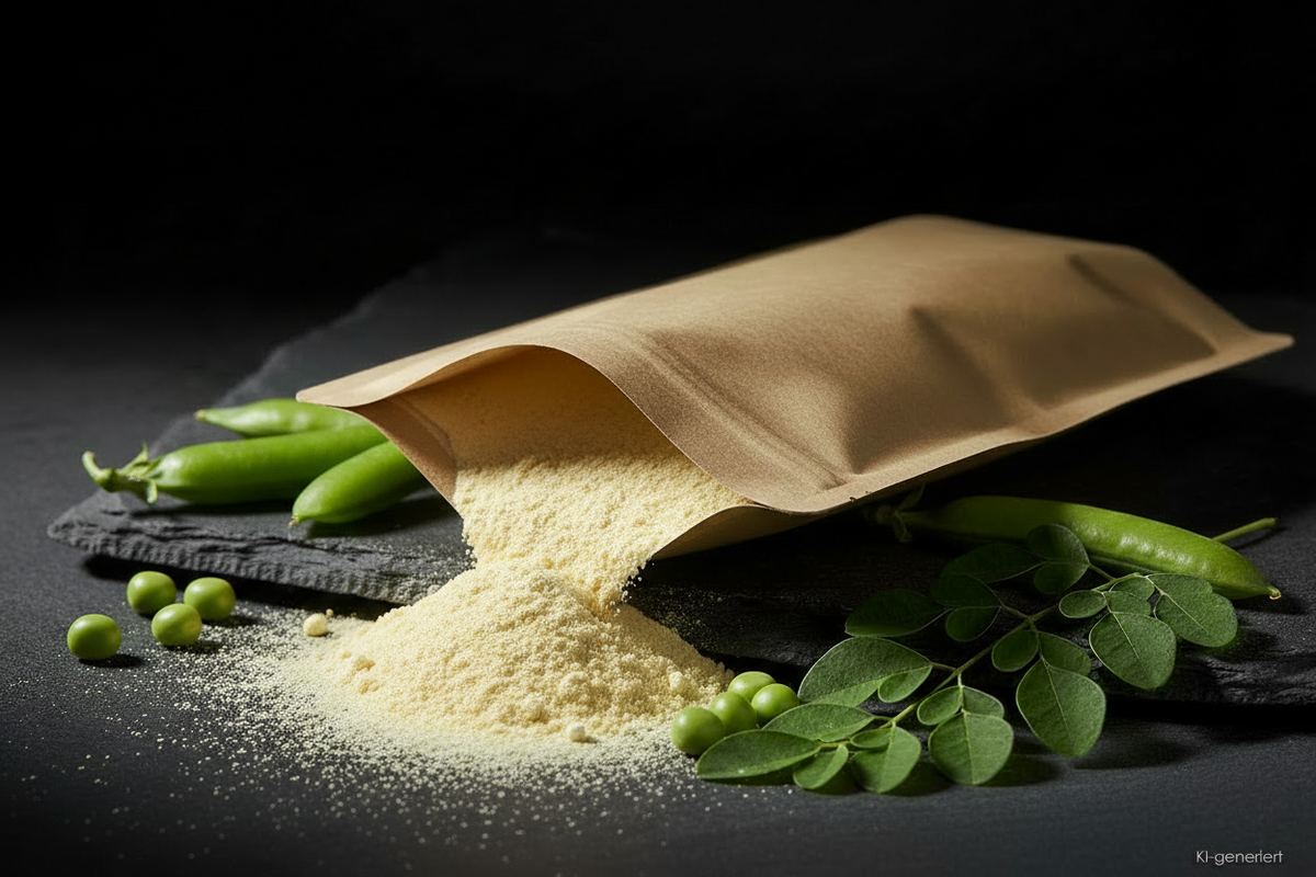 Erbsenprotein Pulver aus Kraft-Doypack auf Schieferplatte mit grünen Erbsen, KI-generiert