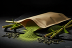 Matcha Pulver aus Kraft-Doypack auf Schieferplatte, KI-generiert