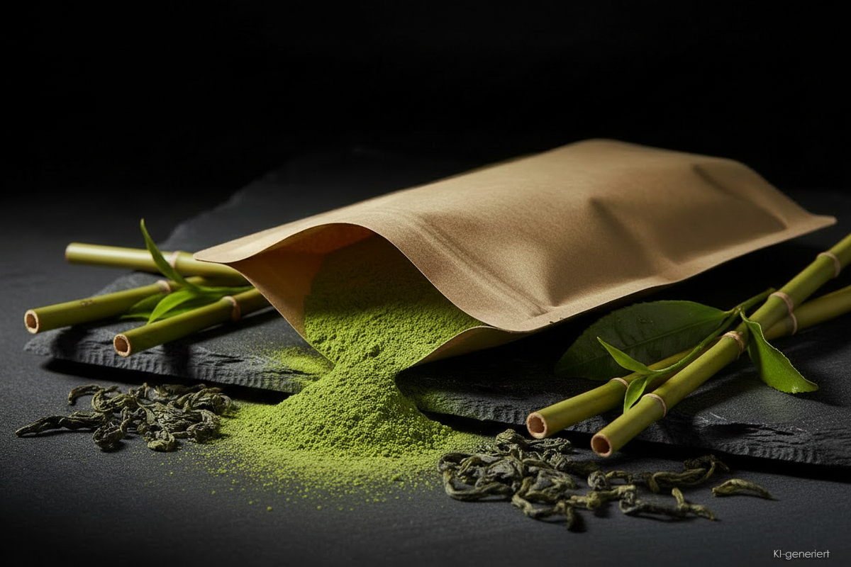 Matcha Pulver aus Kraft-Doypack auf Schieferplatte, KI-generiert