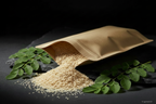 Flohsamenschalen aus Kraft-Doypack auf Schieferplatte, KI-generiert