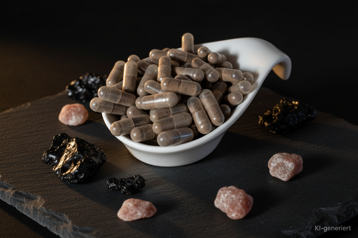 Shilajit Kapseln in weißer Keramikschale auf Schieferplatte, KI-generiert