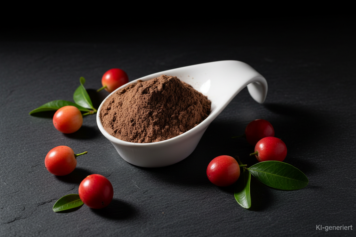 Camu Camu Pulver in weißer Keramikschale auf Schieferplatte mit Camu Camu Früchten, KI-generiert
