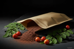 Camu Camu Pulver aus Kraft-Doypack auf Schieferplatte mit Camu Camu Früchten, KI-generiert