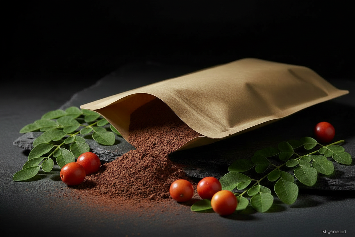 Camu Camu Pulver aus Kraft-Doypack auf Schieferplatte mit Camu Camu Früchten, KI-generiert